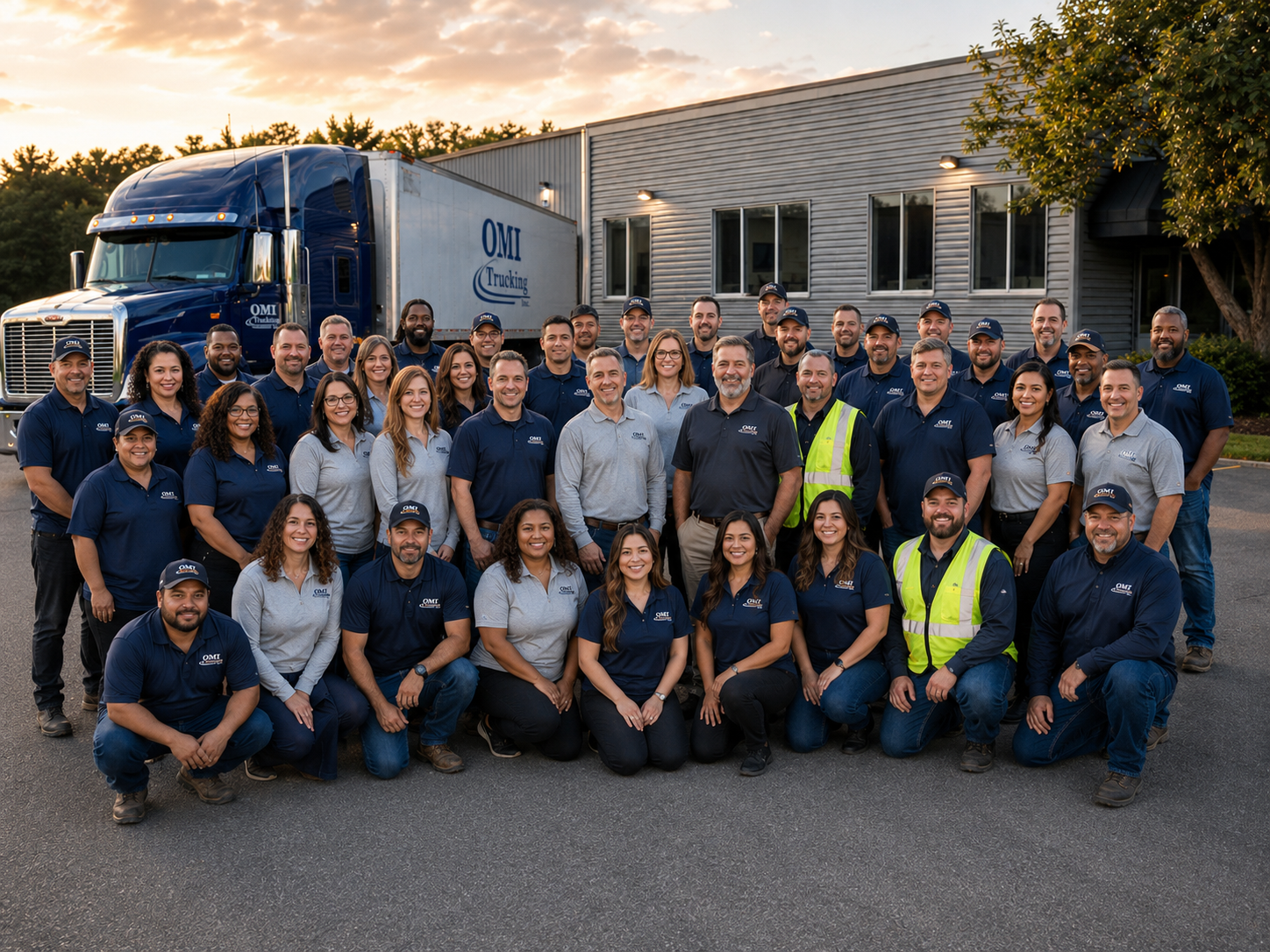 OMI Trucking team in front of the company facility and tractor-trailer