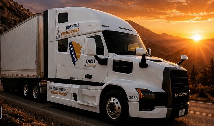 OMI tractor and dry van trailer on the road